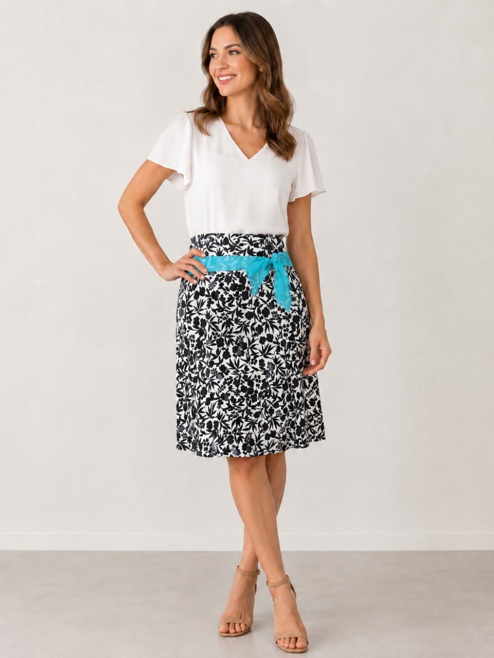 Working Girl Black & White Print Skirt with Sheer Teal Tie Belt, Size 14